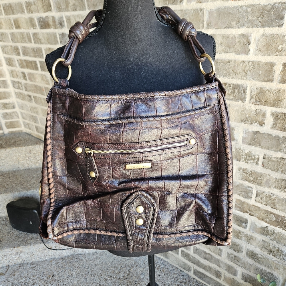Isabella Fiore Brown Crocodile Embossed‎ Leather Shoulder Bag
